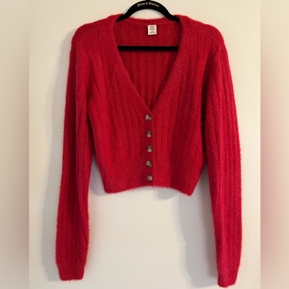 urban outfitters • fuzzy buttoned crop sweater • red